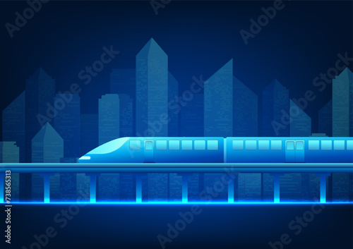 High speed electric train technology background used as logistics transportation for smart cities The high-speed electric train on the tracks behind is a large city.
