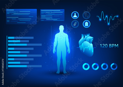 Medical technology A screen that projects a hologram of the human body showing heart rate information. The work of the heart system in order to diagnose disease and treat patients.