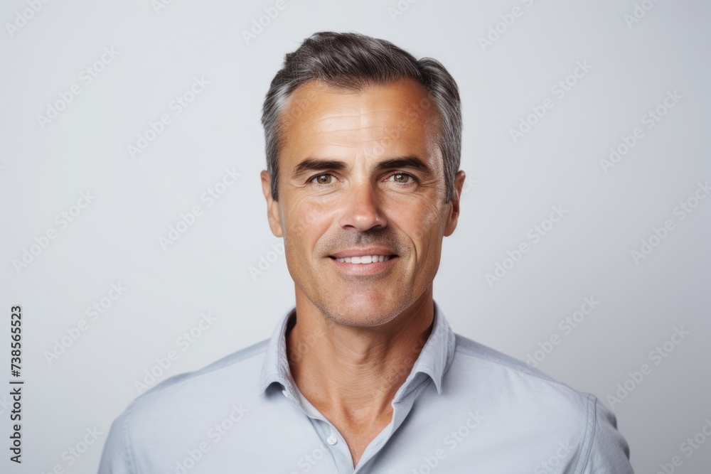 Handsome mature man. Portrait of confident mature man looking at camera and smiling while standing against grey background Handsome mature man. Portrait of confident mature man looking at camera and smiling while standing against grey background