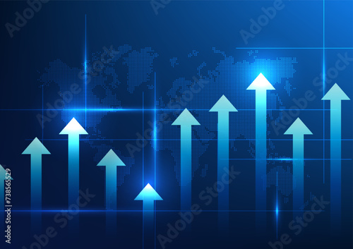 Technology background with many arrows rising towards the world map. with a sparkle A global concept where technology is rapidly evolving to allow businesses in each country to compete and grow.