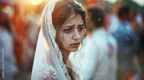Fading Innocence: Blurred figures pass by as a young bride's innocence fades into the background.