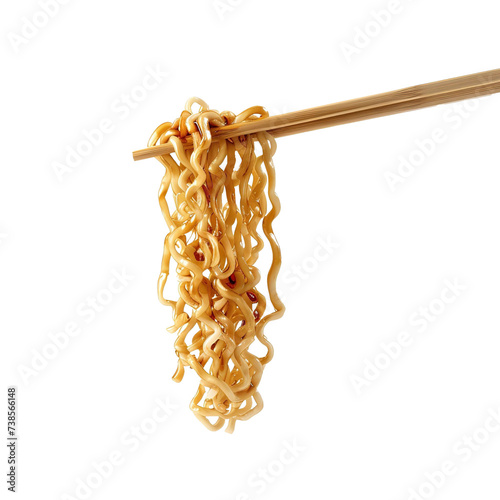 A floating pair of  wooden chopsticks holding a small amount of noodles, isolated on white background.
 photo