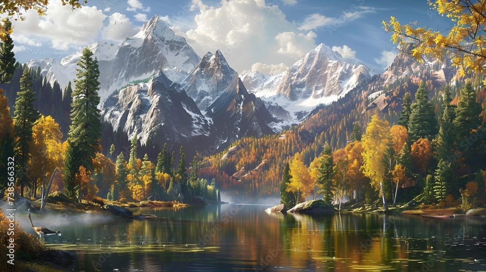雪山の山脈と紅葉した湖の風景
