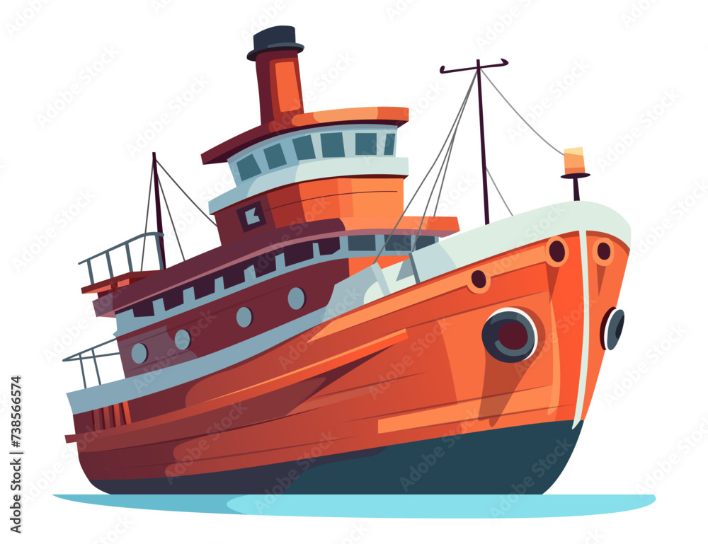 Fishing boats side view icon. Commercial fishing trawlers for industrial seafood production vector illustration in flat style. Vintage marine ships, sea or ocean transportation