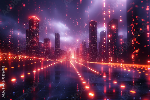 Beautiful futuristic landscape of a big city at night with glowing lights.