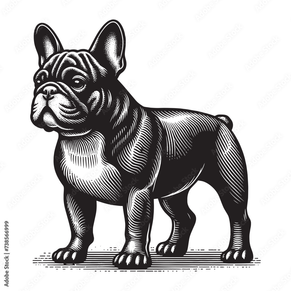 Fototapeta premium French Bulldog. Beautiful vintage engraving illustration, emblem, icon, logo, sketch. Black lines. cut out, png