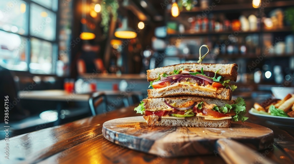 Sandwich on cutting wooden board in a cafe