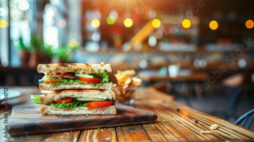Sandwich on cutting wooden board in a cafe