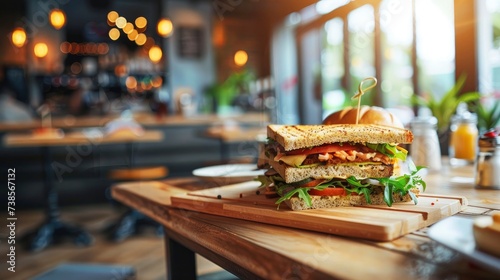 Sandwich on cutting wooden board in a cafe