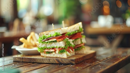 Sandwich on cutting wooden board in a cafe