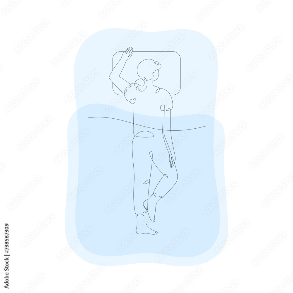 Girl sleeping in bed, top view, isolated line art illustration