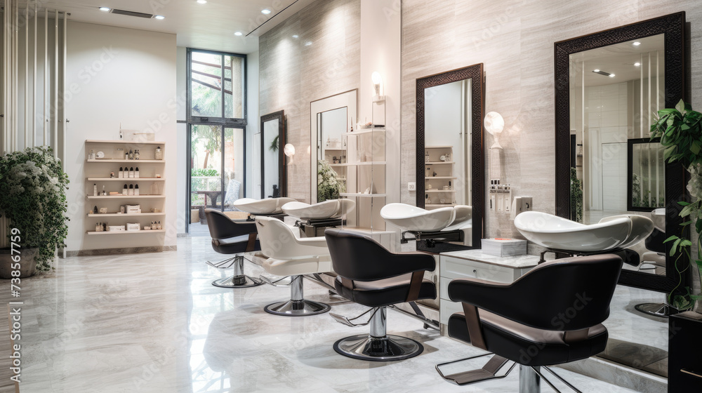 Stylish beauty salon interior. Hairdresser and makeup artist workplaces in one room, creative mirrors - obrazy, fototapety, plakaty 