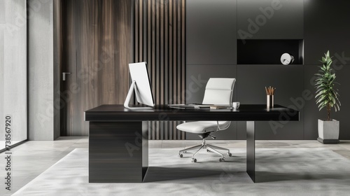 Professional Minimalist Office Space with Black Desk and White Chair