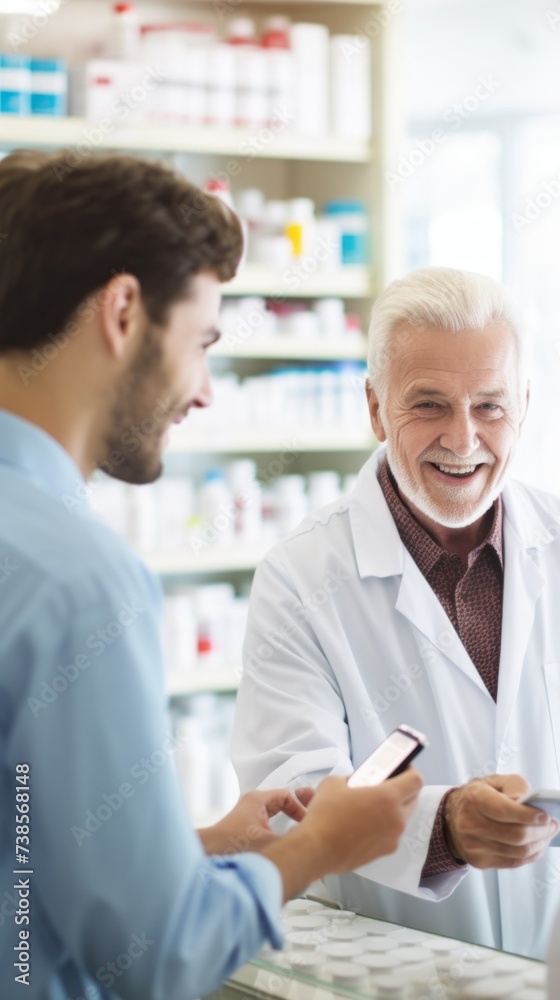 A happy senior pharmacist, wearing a white lab coat, serves a satisfied customer at the pharmacy. Healthcare, Medical care, Health products concepts. A happy senior pharmacist, wearing a white lab coat, serves a satisfied customer at the pharmacy. Healthcare, Medical care, Health products concepts.
