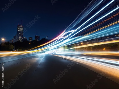 Nighttime scene with blurry background and light trails as it moves forward. © REZAUL4513