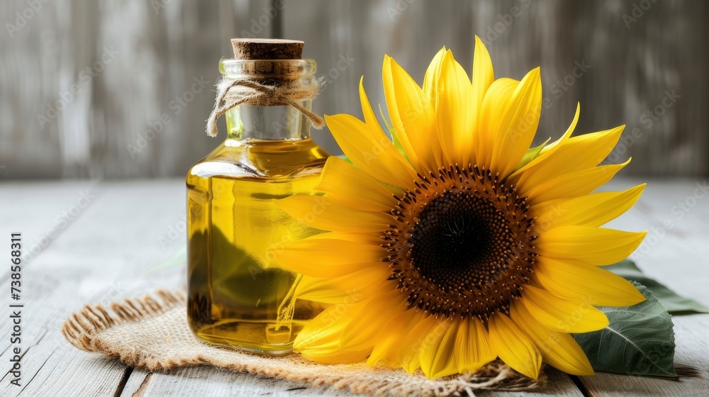 A sunflower flower and a bottle of sunflower oil A sunflower flower and a bottle of sunflower oil