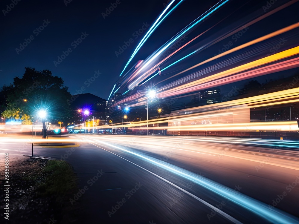 Nighttime scene with blurry background and light trails as it moves forward.