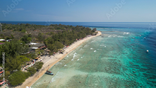 Amazing aerial view of Gili Trawangan coastline on a sunny day  Indonesia