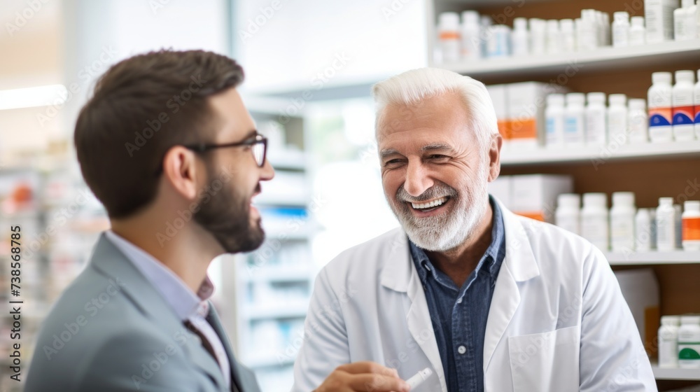 A happy senior pharmacist, wearing a white lab coat, serves a satisfied customer at the pharmacy. Healthcare, Medical care, Health products concepts. A happy senior pharmacist, wearing a white lab coat, serves a satisfied customer at the pharmacy. Healthcare, Medical care, Health products concepts.