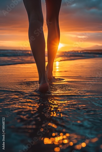 Woman walking on a beach during sunset close-up. A graceful figure moves against the horizon.