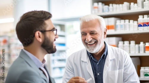 A happy senior pharmacist, wearing a white lab coat, serves a satisfied customer at the pharmacy. Healthcare, Medical care, Health products concepts.
