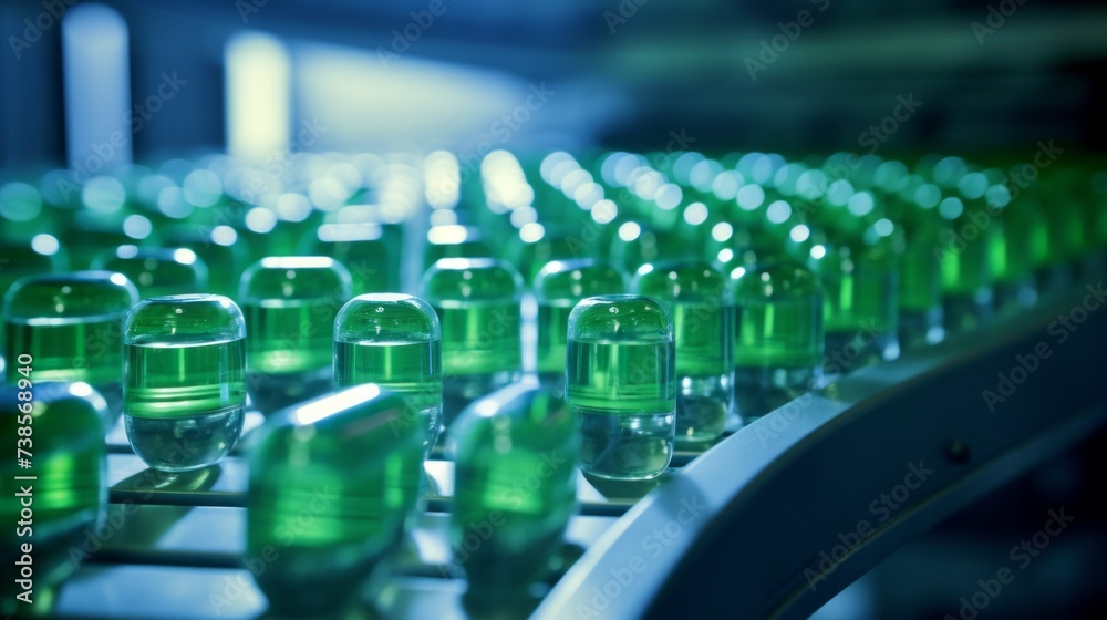 Close-up of the production of tablets and capsules in an industrial pharmaceutical factory.