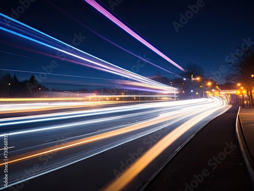Nighttime scene with blurry background and light trails as it moves forward.