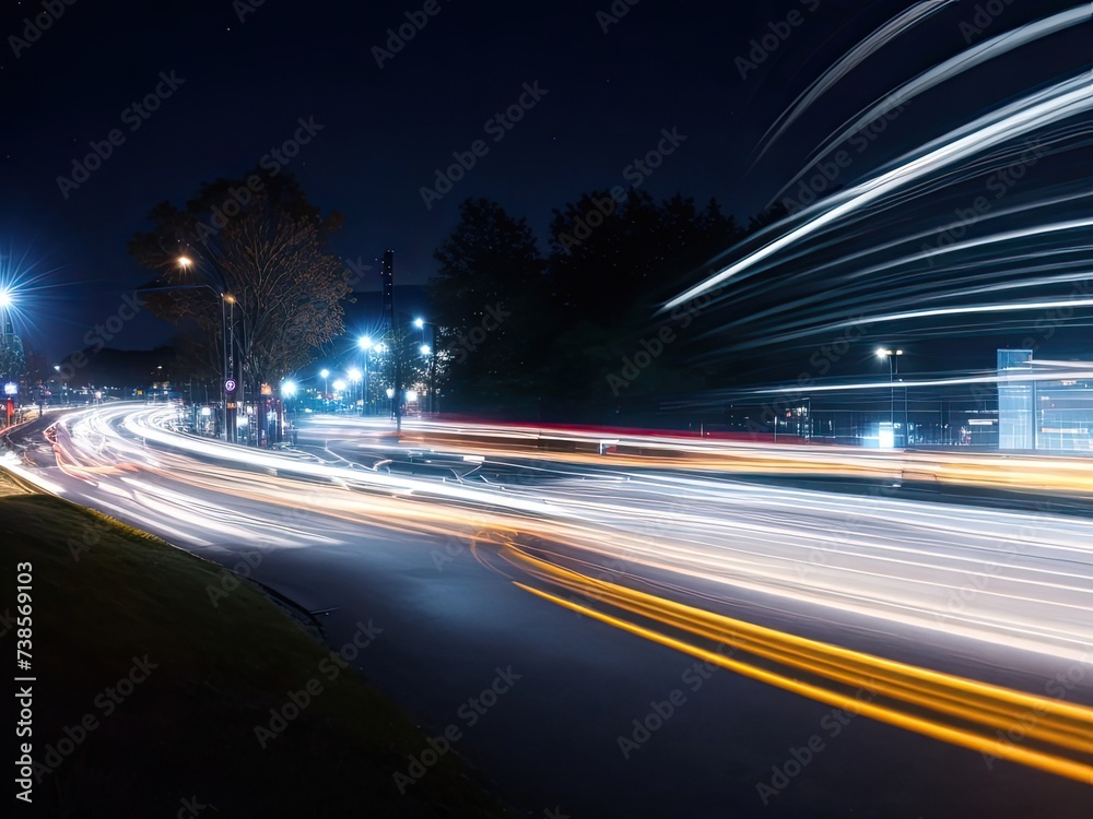 Nighttime scene with blurry background and light trails as it moves forward.