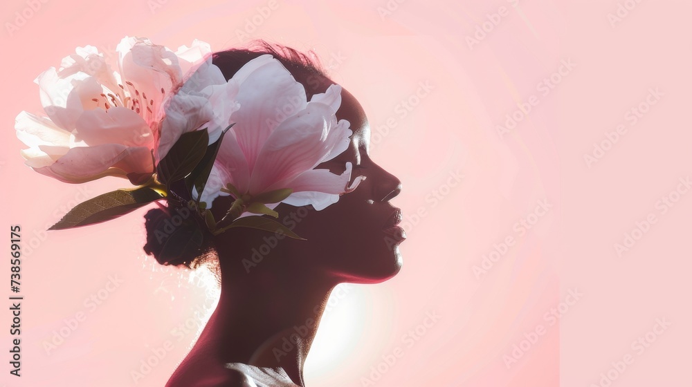 Silhouette profile of a woman with white floral accents, suitable for themes of purity and minimalism.