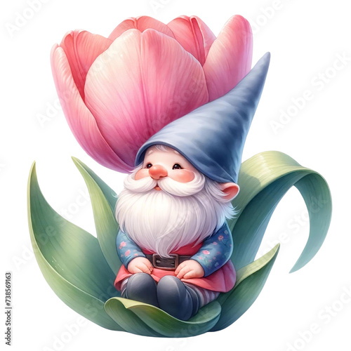 A cute gnome  sitting on a tulip  clipart watercolor illustration pastel corlor perfect for nursery art  png