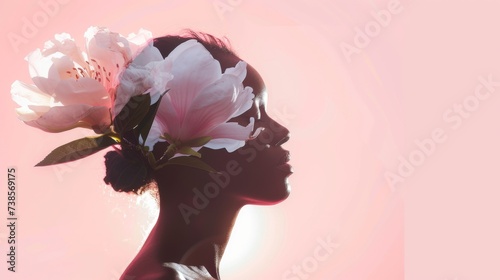 Silhouette profile of a woman with white floral accents, suitable for themes of purity and minimalism. © R Studio