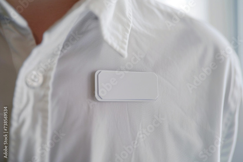 Close-up of a magnetic name tag attached to a crisp white shirt, symbolizing identity and professionalism in the workplace, business minimalistic style photo