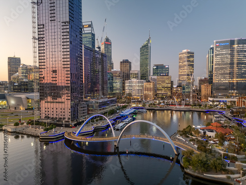 Perth, Australia - August 31, 2023: Panoramic sunset view of Elisabeth Quay in Perth from drone viewpoint