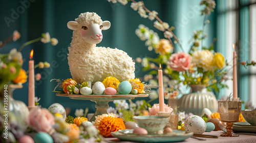 Festive Easter table with a beautiful novelty lamb cake. generative ai