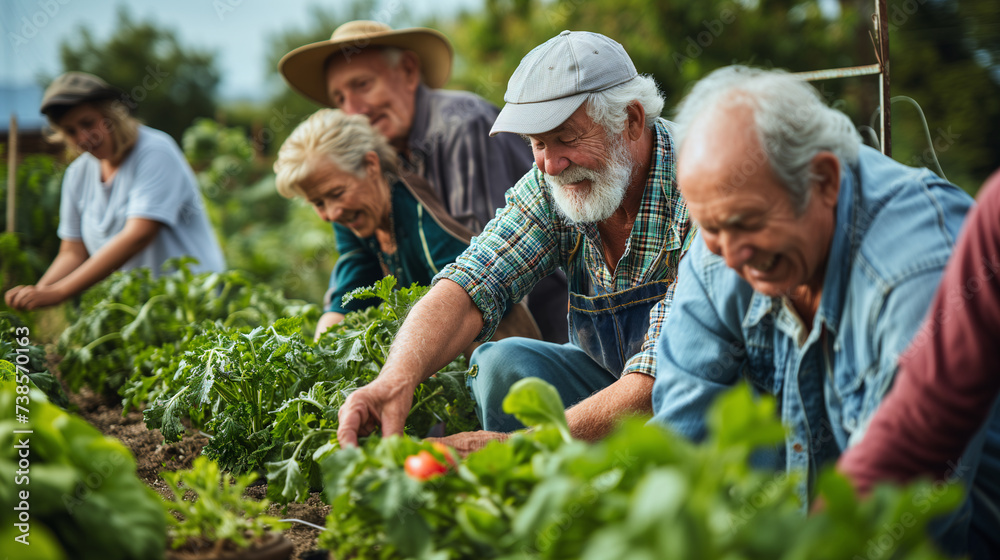 In a tranquil community garden, seniors cultivate crops amidst a backdrop of vibrant greenery, enjoying the sunlight and the company of fellow gardening enthusiasts
