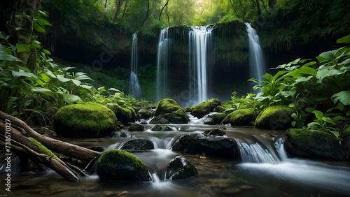 Beautiful Waterfall in Lush Forest  Earth Day Concept with Room for Environmental Awareness 