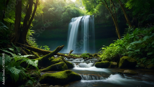 Beautiful Waterfall in Lush Forest  Earth Day Concept with Room for Environmental Awareness 