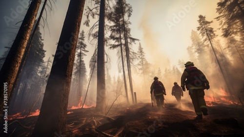  Firefighters Battling a Blazing Forest Fire During the Hot Summer Days. Environmental Protection and Emergency Response. Generative AI
