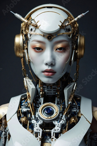Close up portrait of a female cyborg model front view on a plain background