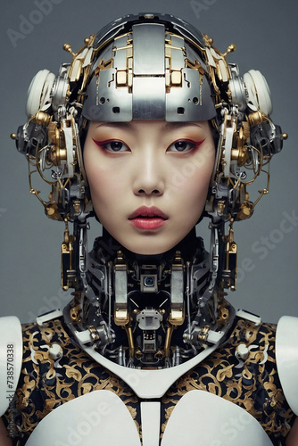 Close up photo of a beautiful Japanese female robot model, front view