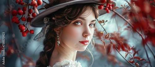 Glamour and History, A Beautiful Girl Posing in a Glamorous Hat, Evoking the Romance of Historical Events.