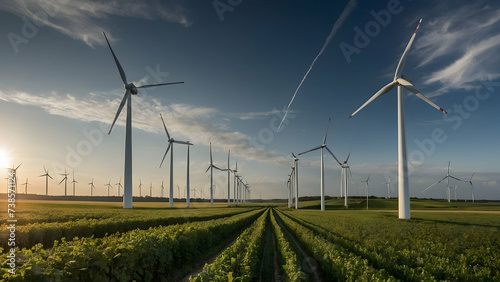 Wind Turbines on Rolling Hills, Renewable Energy Concept with Copy Space

