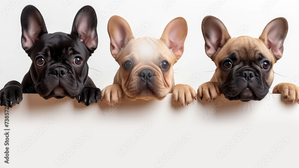 Three French bulldogs looking over a blank poster / banner cut ouy and isolated with copy space for text