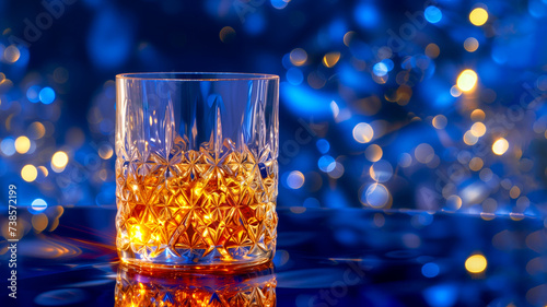 crystal tumbler glass of whisky or brandy and ice. Scotch on the rocks with copy space