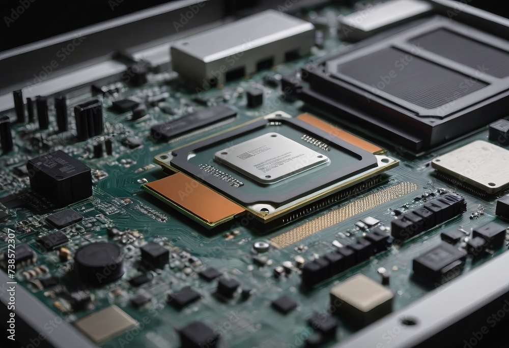 Modern CPU processor installed on a brand new motherboard, object detail, extreme closeup, nobody.