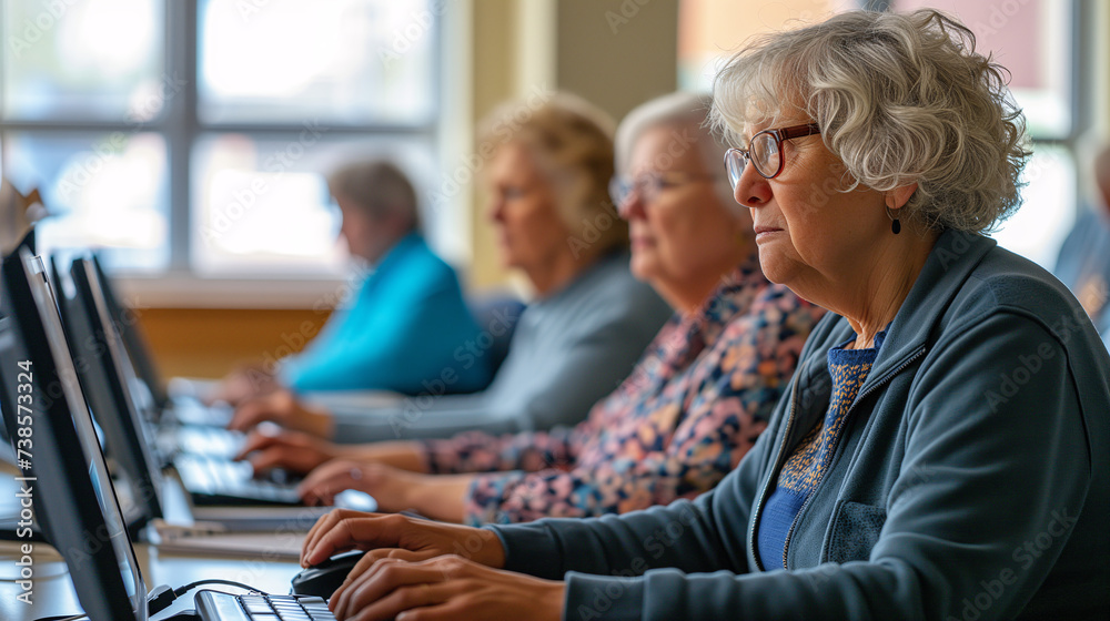 a group of elderly people in a community center computer classroom. Learning basic computer skills a group of elderly people in a community center computer classroom. Learning basic computer skills