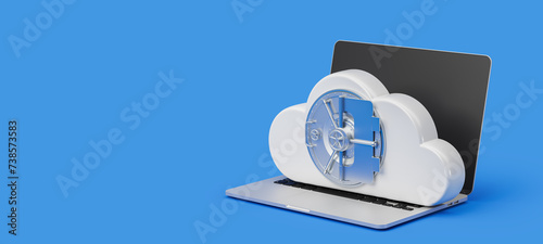 Laptop and bank vault and cloud, online data protection copy space