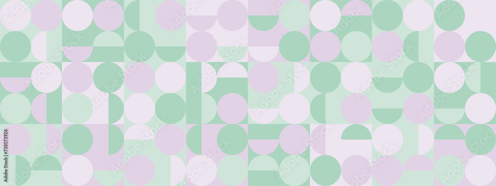 Seamless trendy green and lavender background with circles and squares for textiles or covers. Mosaic with purple and pistachio geometric shapes texture, template for web intro.