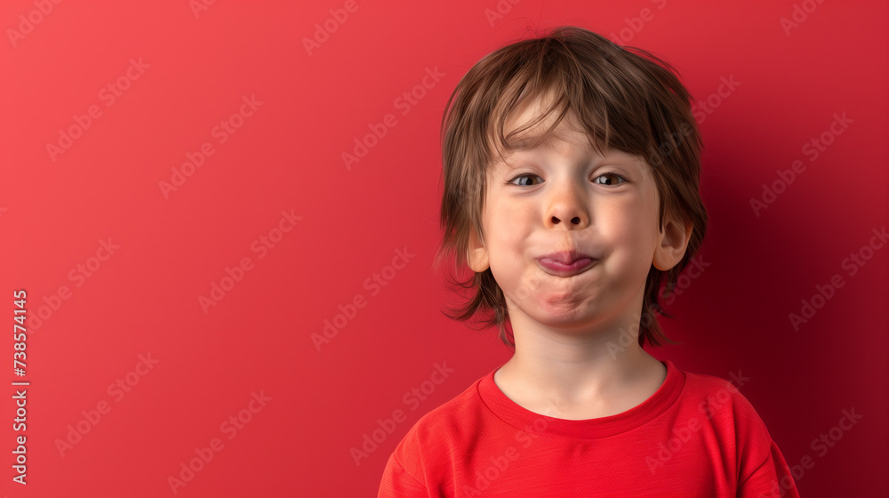 Portrait of a child is making expression on face and smiling , laughing . Single bright color background and copy space on Left side . Portrait of a child is making expression on face and smiling , laughing . Single bright color background and copy space on Left side .