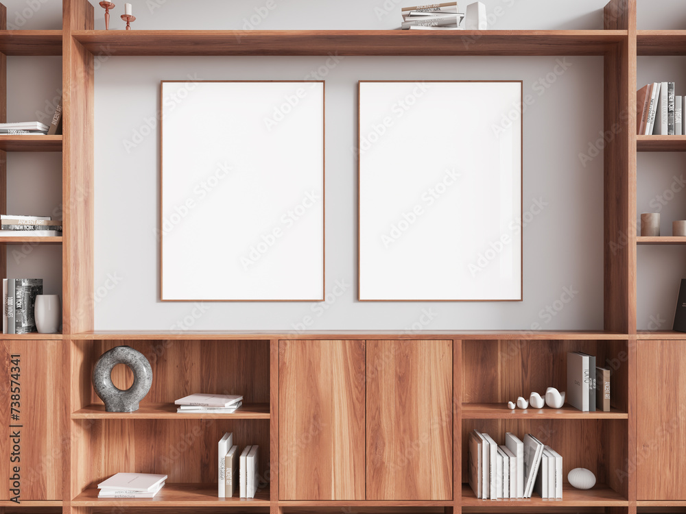 Fototapeta premium White living room interior with dresser and posters